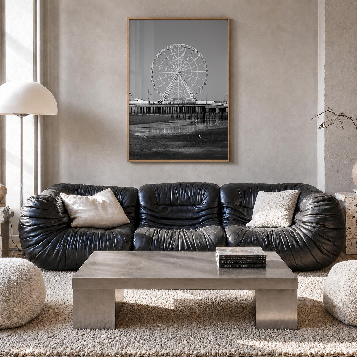Atlantic City black & white photo poster of New Jersey, USA – vertical wall art in natural wood frame, hanging on wall