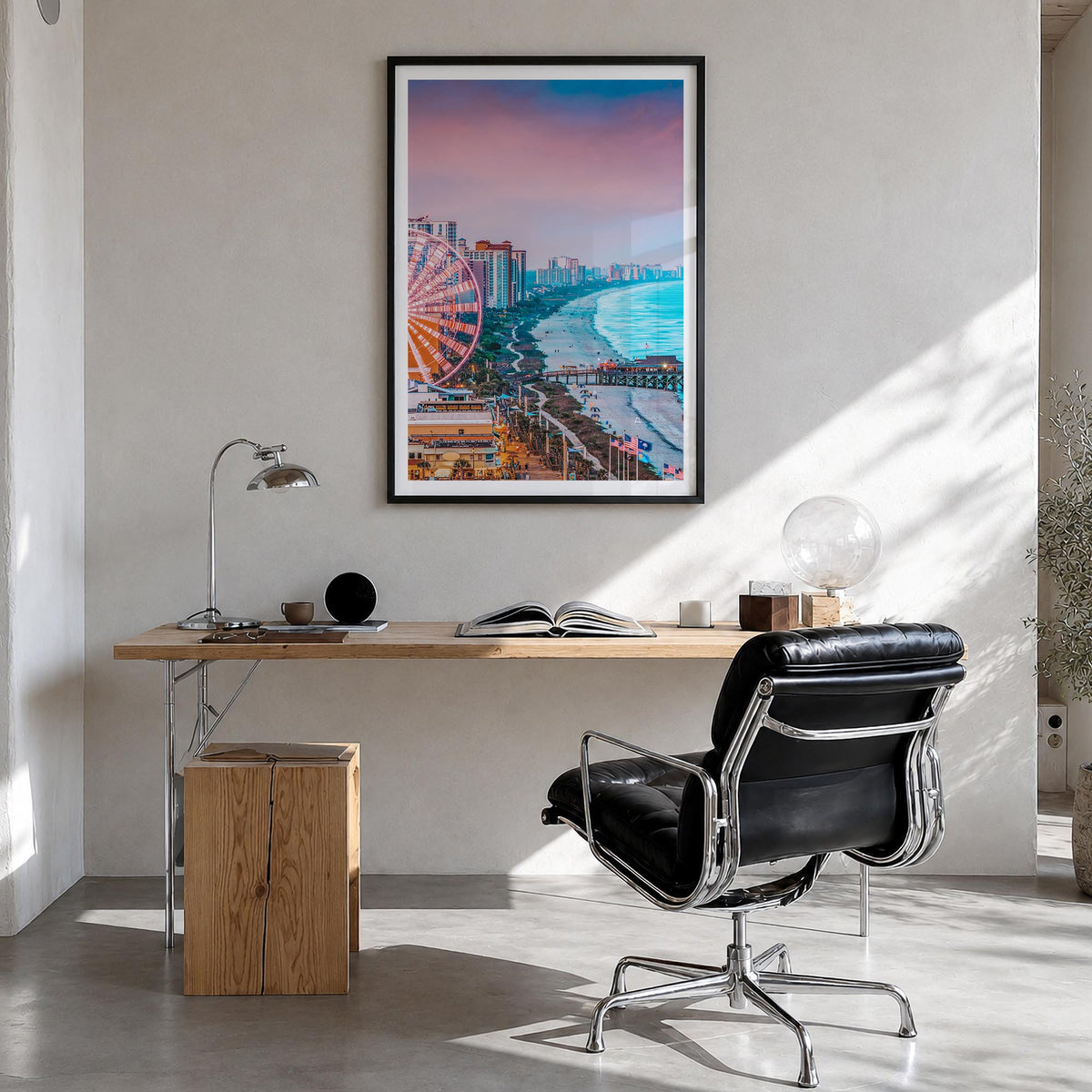 Atlantic City colorful photo poster of New Jersey, USA – vertical wall art in black wood frame with white border, hanging on 