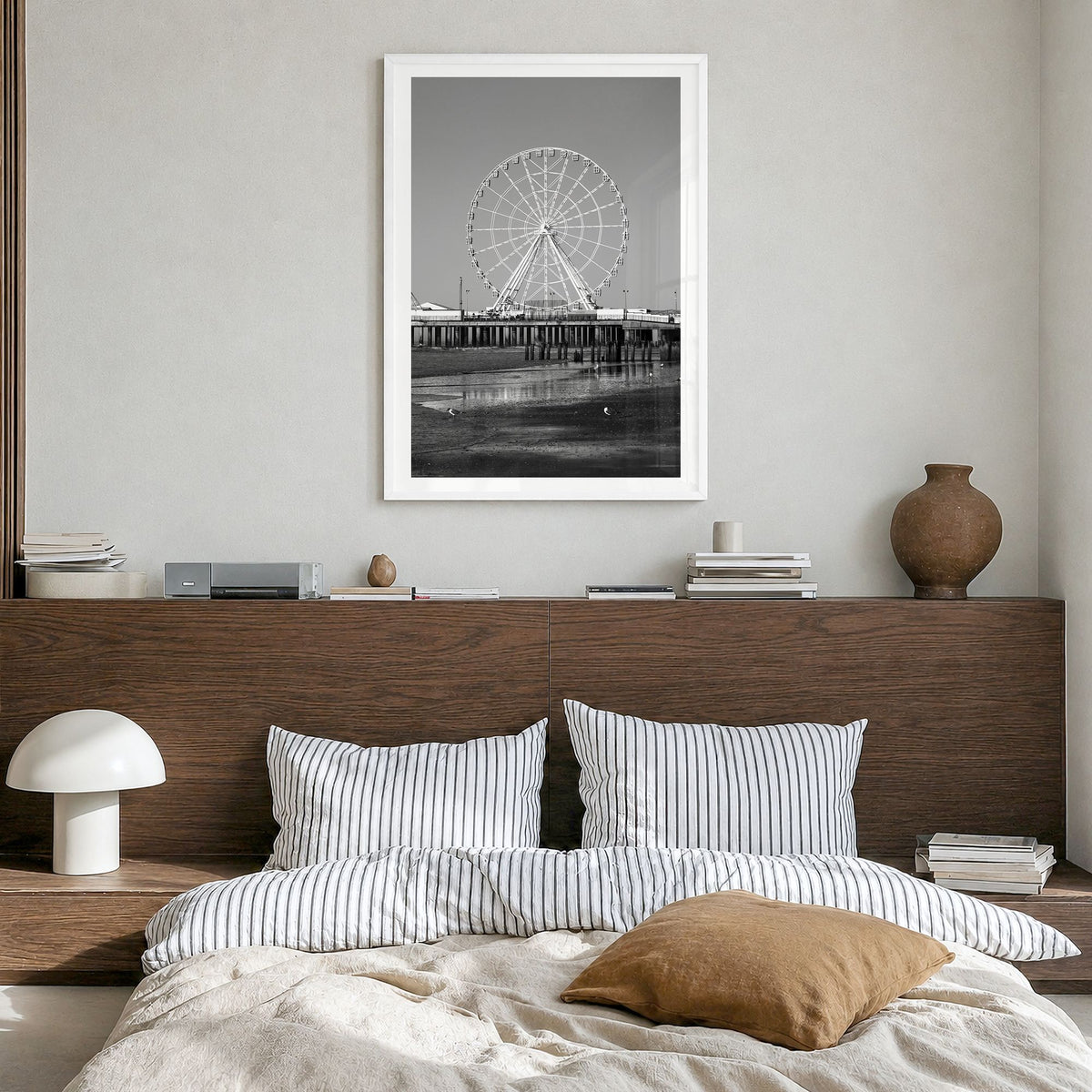 Atlantic City Photo Poster in a white wood frame, hanging in a bedroom, white border