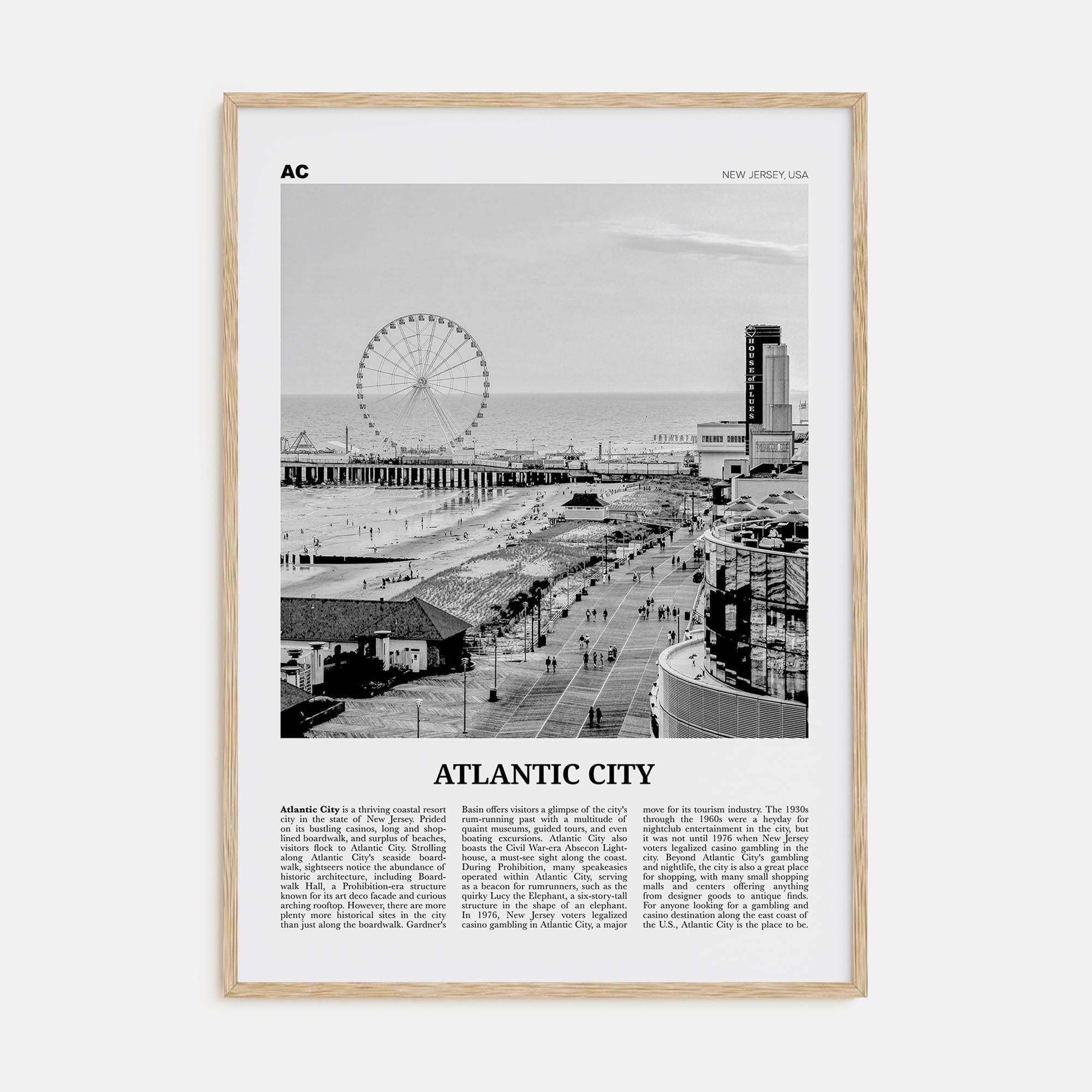 Atlantic City Poster Natural Wood / 8x12 in Nbourhood Travel B&W Poster