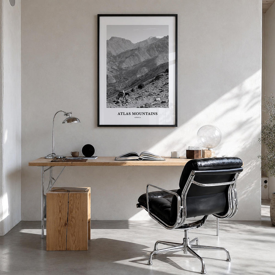 Atlas Mountains black & white classic poster of Morocco – vertical wall art in black wood frame, hanging on wall