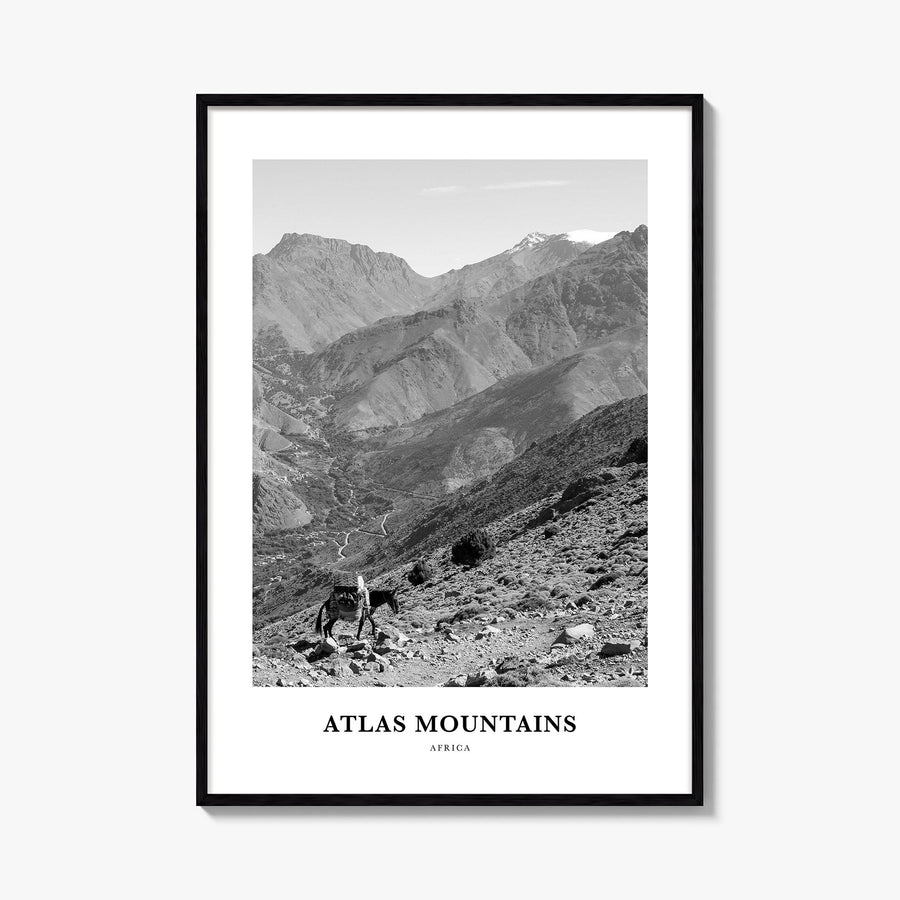 Atlas Mountains black & white classic poster of Morocco – vertical wall art, unframed print shown in interior mockup