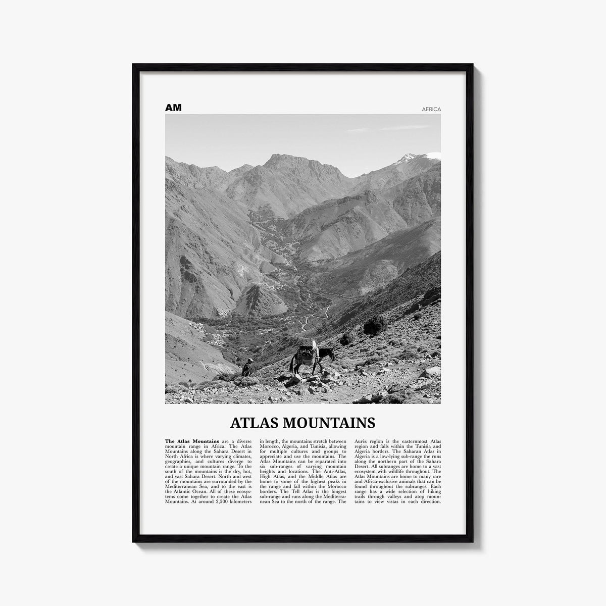 Atlas Mountains black & white newspaper poster of Morocco – vertical wall art, unframed print shown in interior mockup