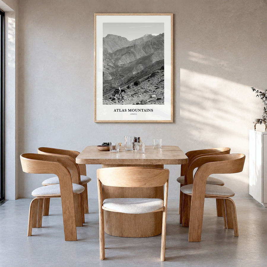 Atlas Mountains Classic Poster in a natural wood frame, hanging in a dining room