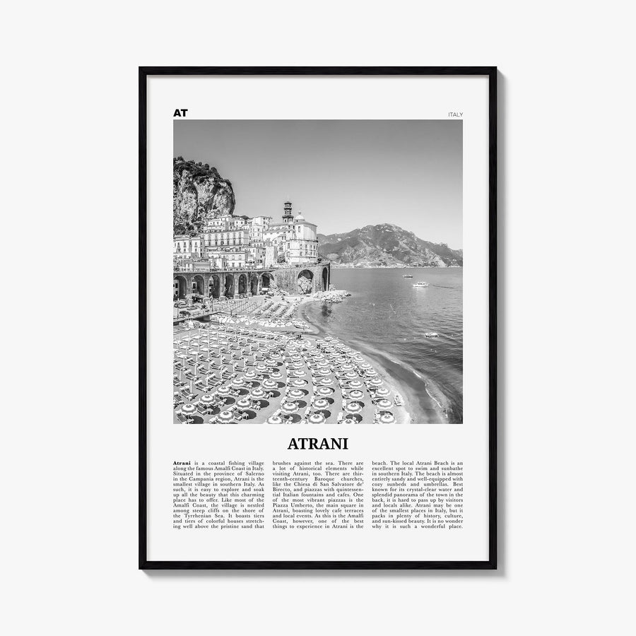 Atrani black & white newspaper poster of Italy – vertical wall art, unframed print shown in interior mockup