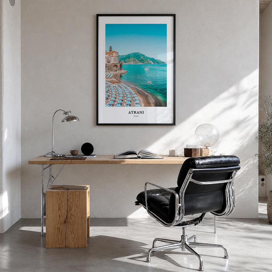 Atrani colorful classic poster of Italy – vertical wall art in black wood frame, hanging on wall