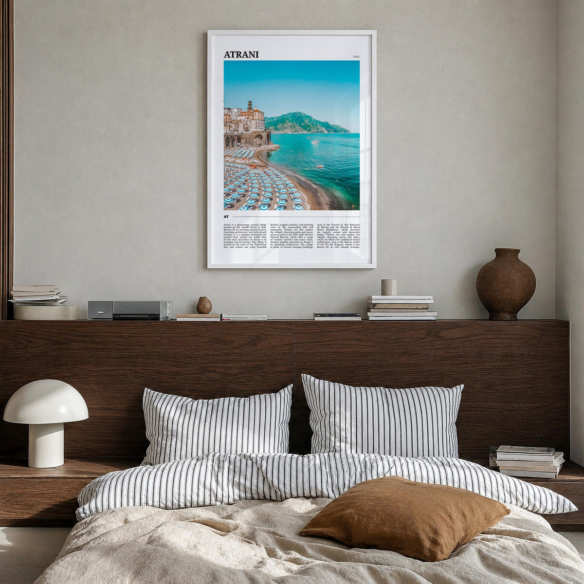 Atrani colorful travel poster of Italy – vertical wall art in white wood frame, hanging on wall