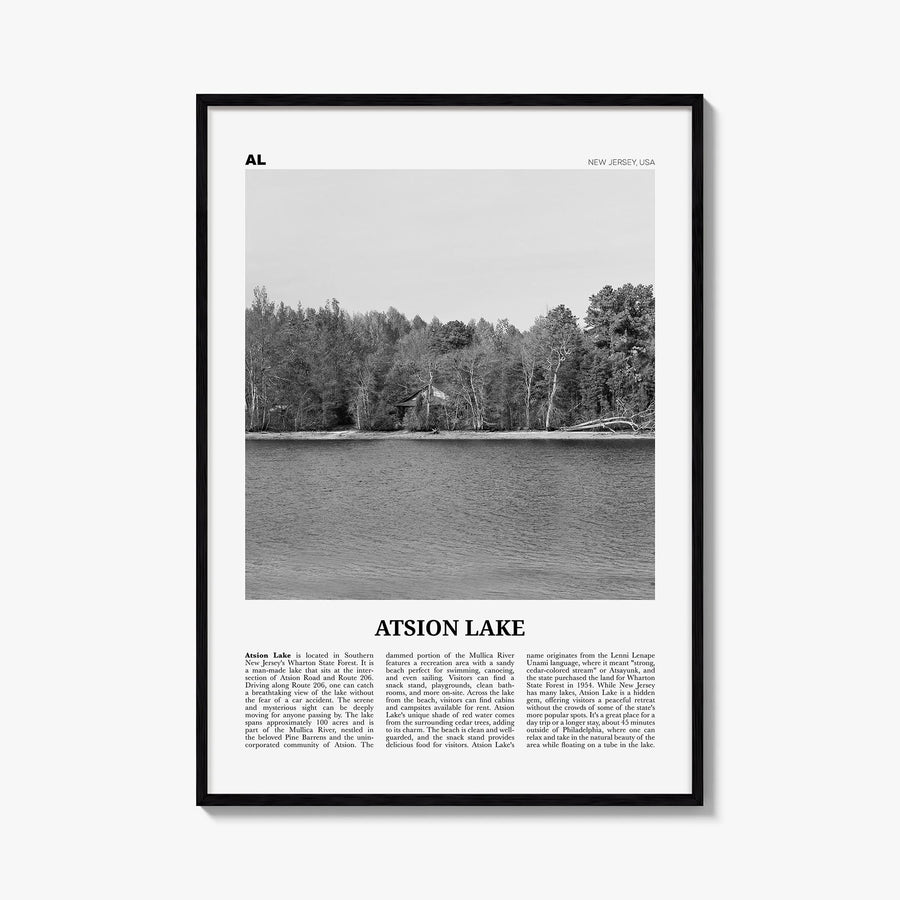 Atsion Lake black & white newspaper poster of New Jersey, USA – vertical wall art, unframed print shown in interior mockup