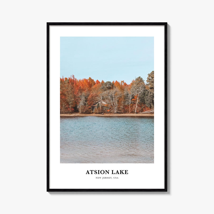Atsion Lake colorful classic poster of New Jersey, USA – vertical wall art, unframed print shown in interior mockup