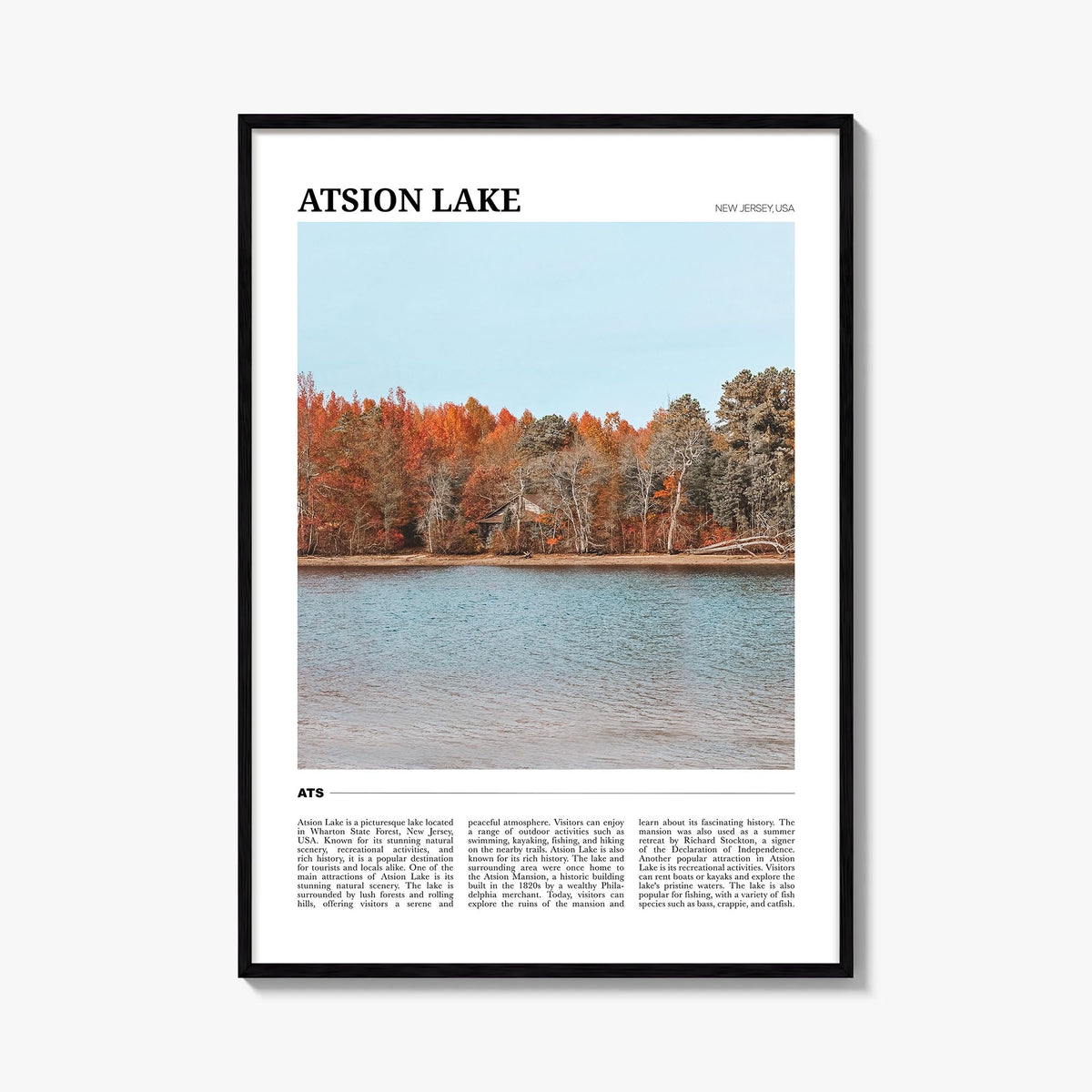Atsion Lake colorful travel poster of New Jersey, USA – vertical wall art, unframed print shown in interior mockup