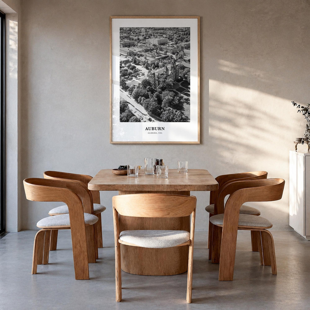Auburn, Alabama black & white classic poster of Alabama, USA – vertical wall art in natural wood frame, hanging on wall