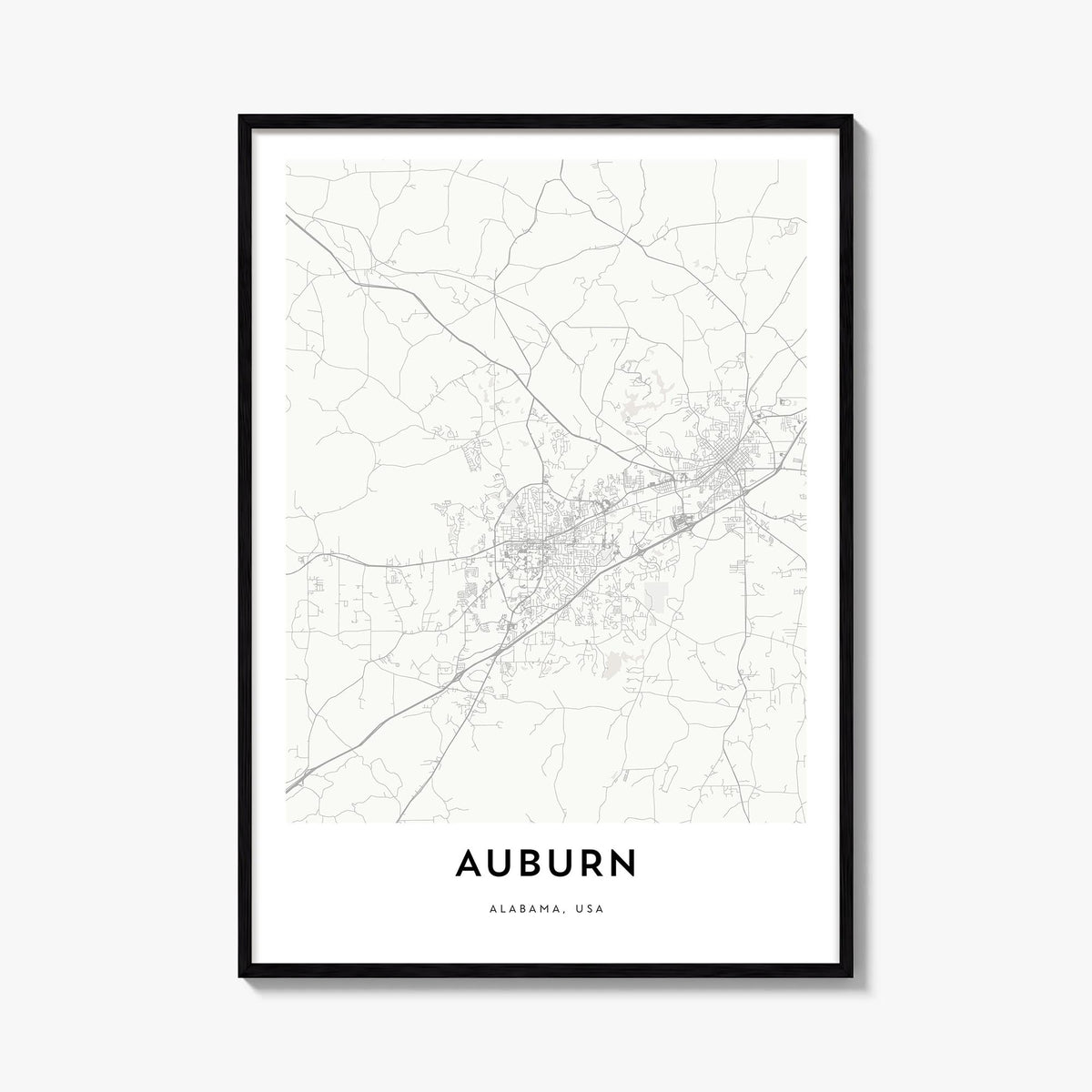 Auburn, Alabama black & white map poster of Alabama, USA – vertical wall art, unframed print shown in interior mockup