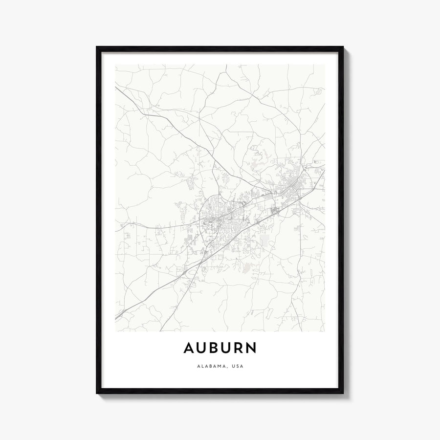 Auburn, Alabama black & white map poster of Alabama, USA – vertical wall art, unframed print shown in interior mockup
