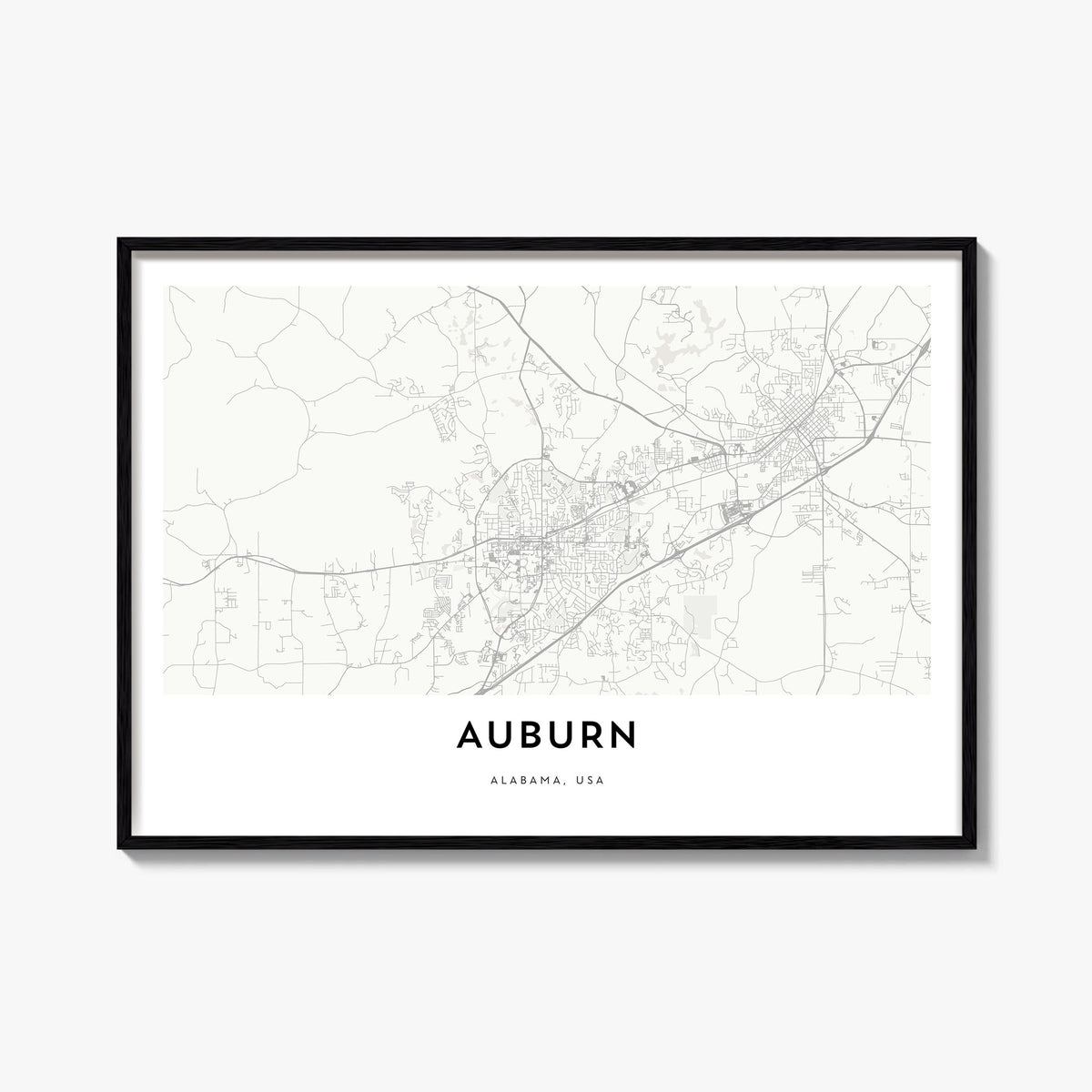 Auburn, Alabama black & white map poster of Alabama, USA – horizontal wall art, unframed print shown in interior mockup