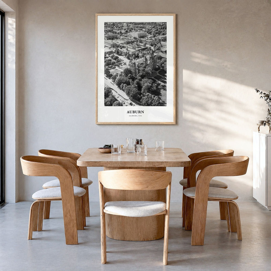 Auburn, Alabama Classic Poster in a natural wood frame, hanging in a dining room