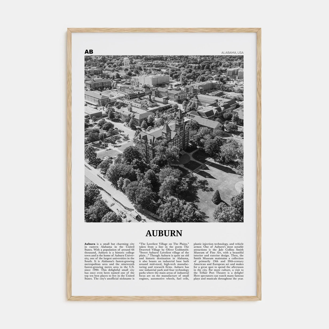 Auburn, Alabama Poster Natural Wood / 8x12 in Nbourhood Travel B&W Poster