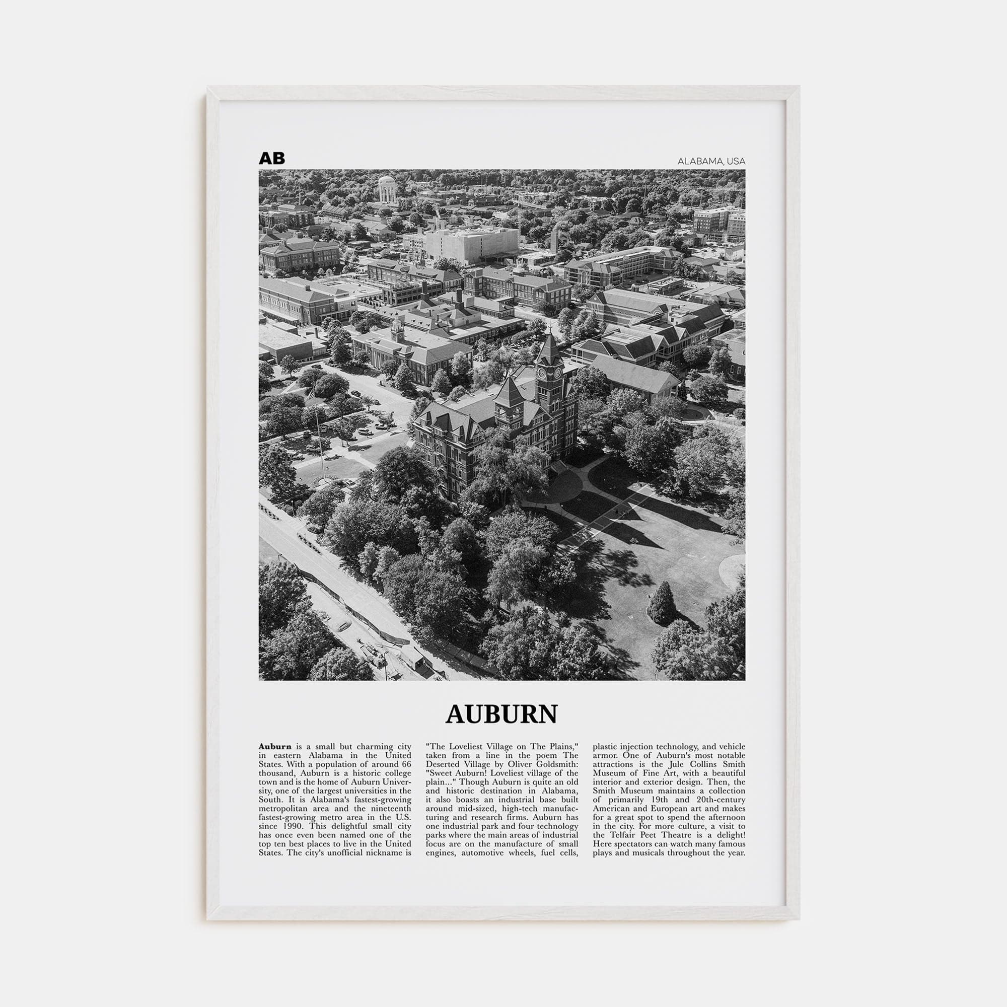 Auburn, Alabama Poster White Wood / 8x12 in Nbourhood Travel B&W Poster