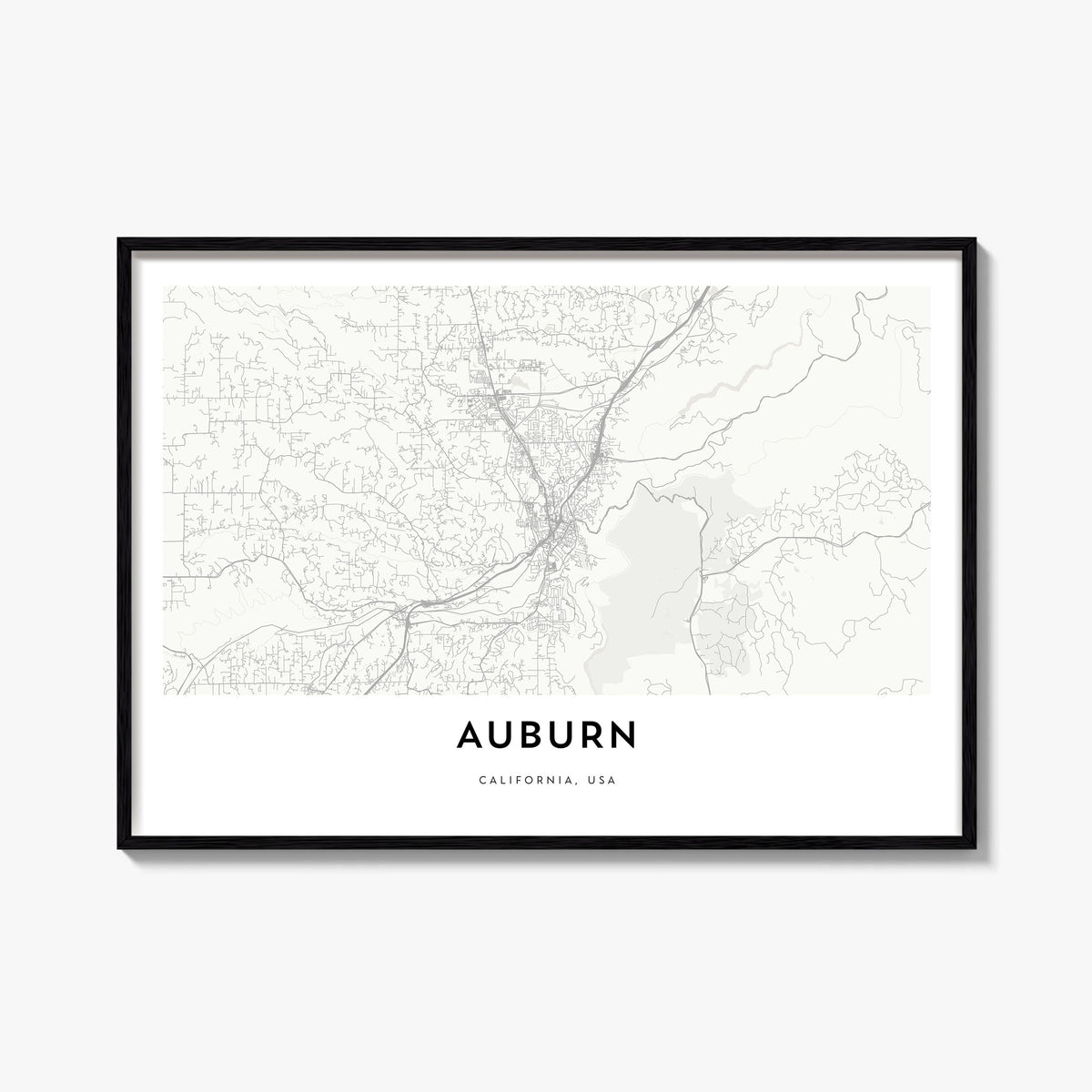 Auburn, California black & white map poster of California, USA – horizontal wall art, unframed print shown in interior mockup