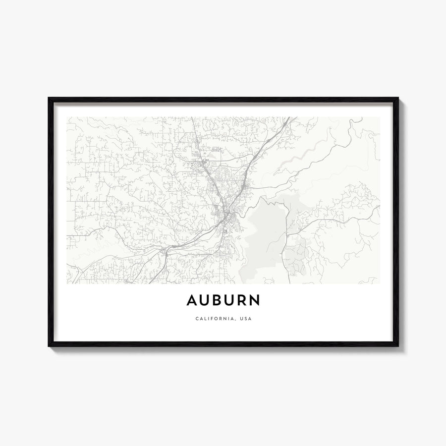 Auburn, California black & white map poster of California, USA – horizontal wall art, unframed print shown in interior mockup