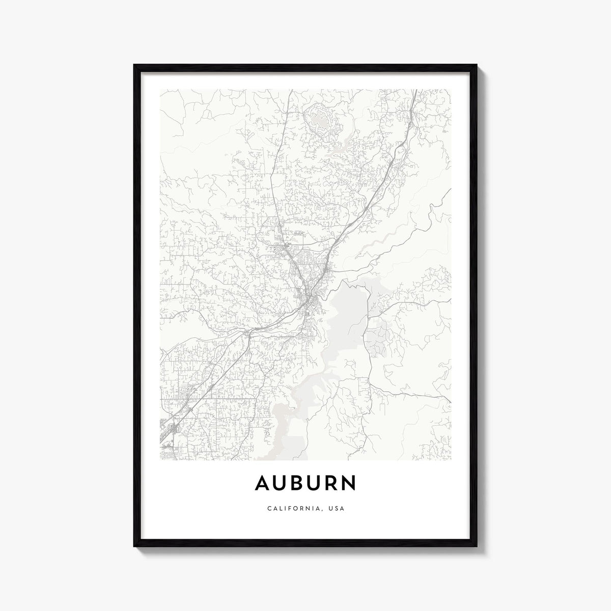 Auburn, California black & white map poster of California, USA – vertical wall art, unframed print shown in interior mockup