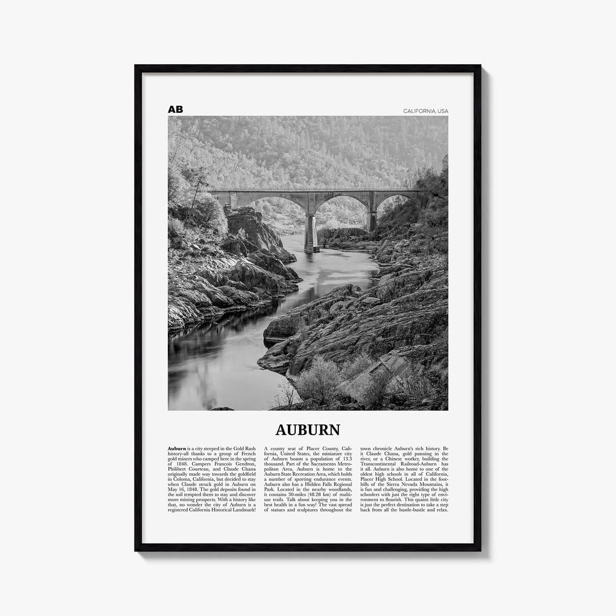 Auburn, California black & white newspaper poster of California, USA – vertical wall art, unframed print shown in interior mo