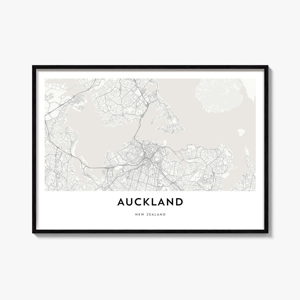 Auckland black & white map poster of New Zealand – horizontal wall art, unframed print shown in interior mockup