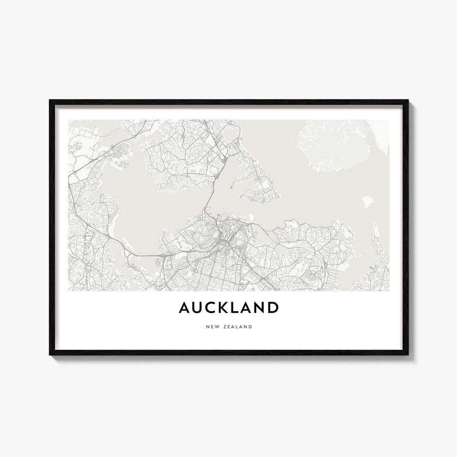 Auckland black & white map poster of New Zealand – horizontal wall art, unframed print shown in interior mockup