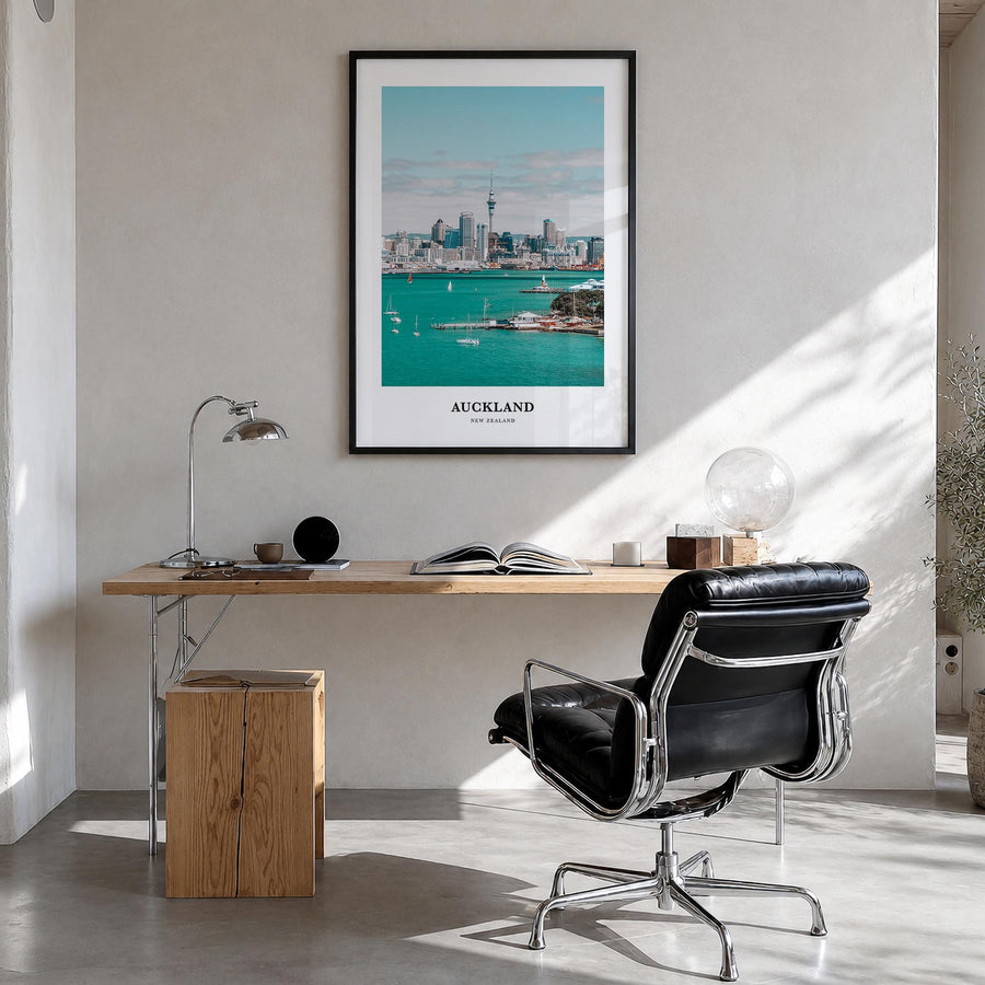 Auckland colorful classic poster of New Zealand – vertical wall art in black wood frame, hanging on wall