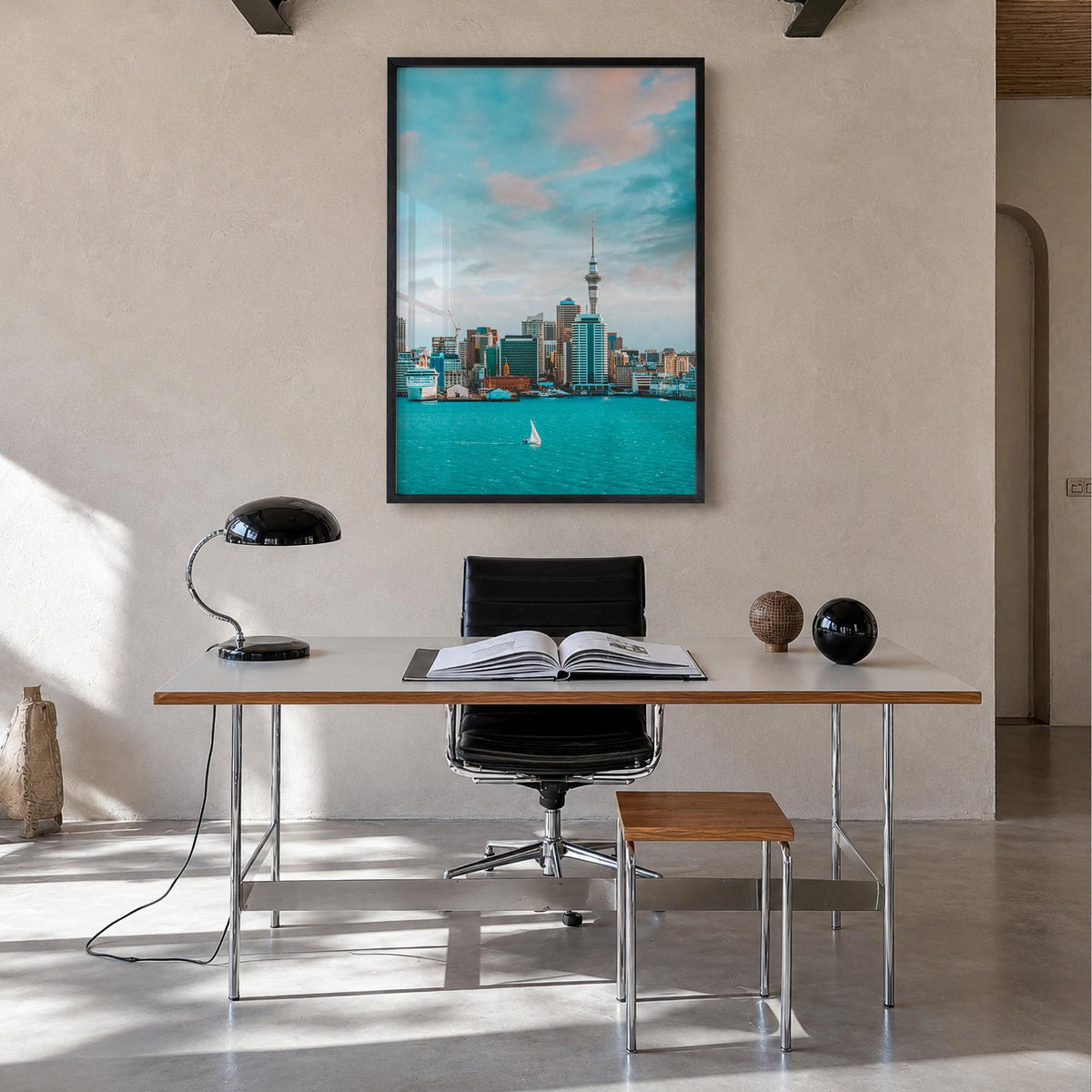 Auckland colorful photo poster of New Zealand – vertical wall art in black wood frame, hanging on wall