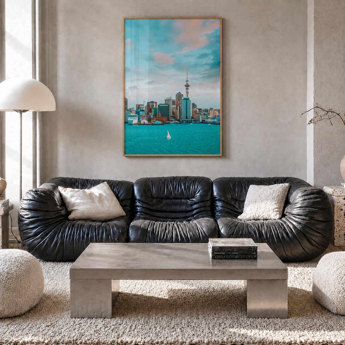 Auckland colorful photo poster of New Zealand – vertical wall art in natural wood frame, hanging on wall