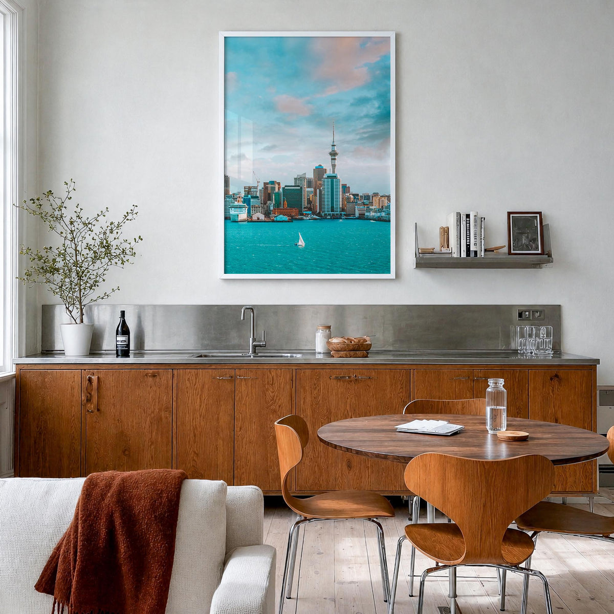 Auckland colorful photo poster of New Zealand – vertical wall art in white wood frame, hanging on wall