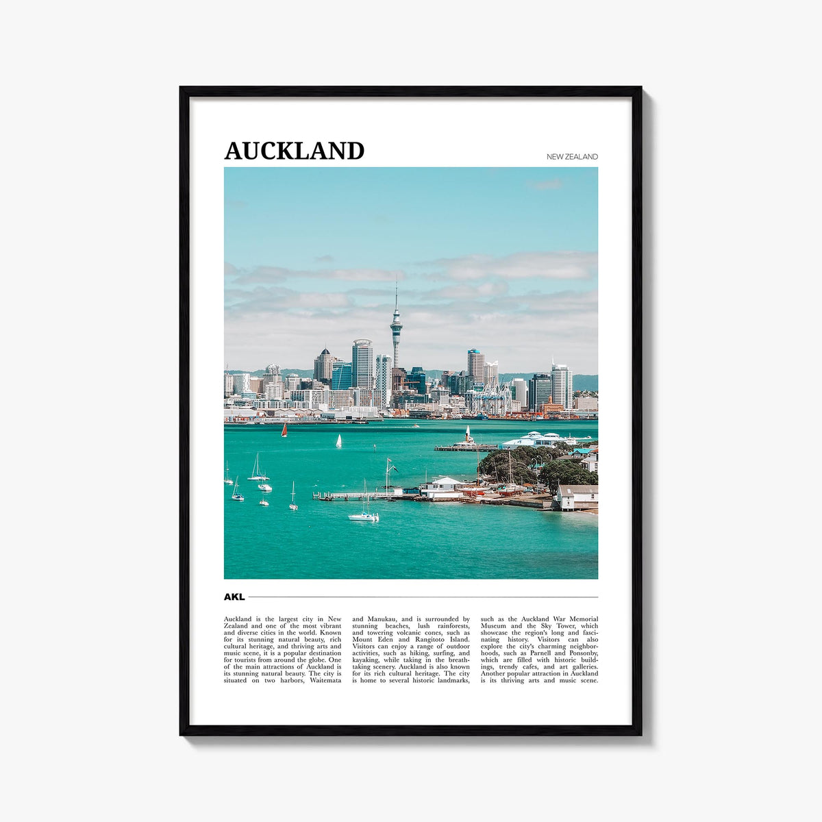 Auckland colorful travel poster of New Zealand – vertical wall art, unframed print shown in interior mockup