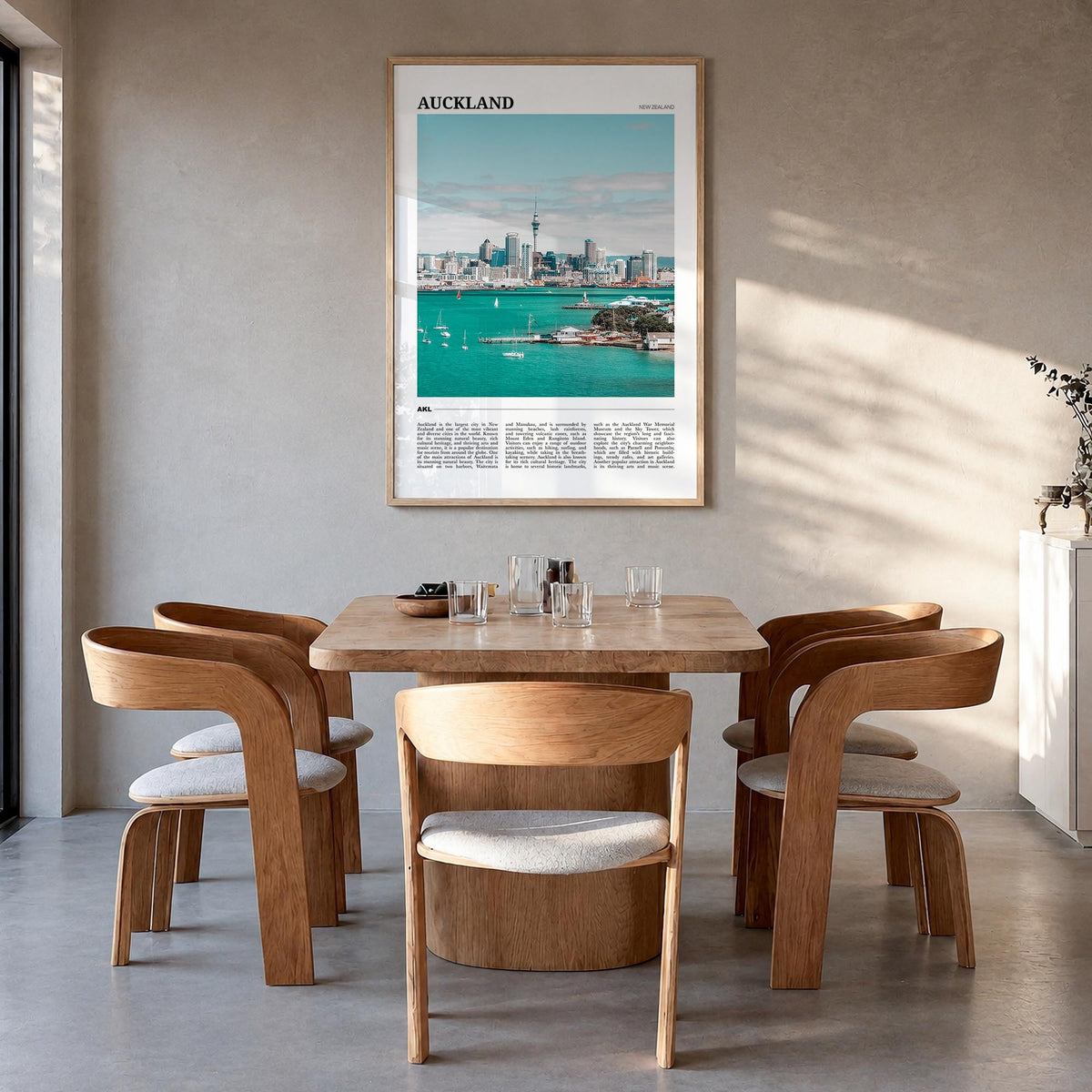 Auckland colorful travel poster of New Zealand – vertical wall art in natural wood frame, hanging on wall