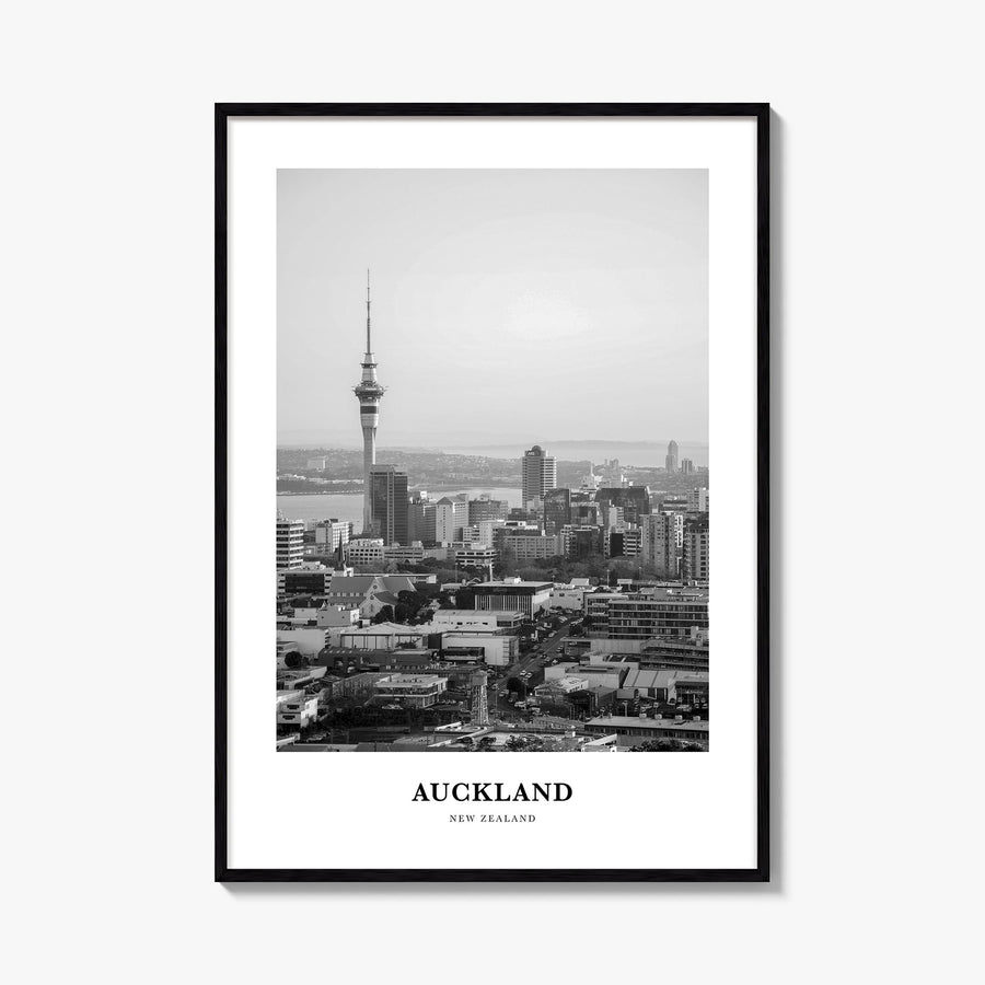 Auckland no. 1 black & white classic poster of New Zealand – vertical wall art, unframed print shown in interior mockup