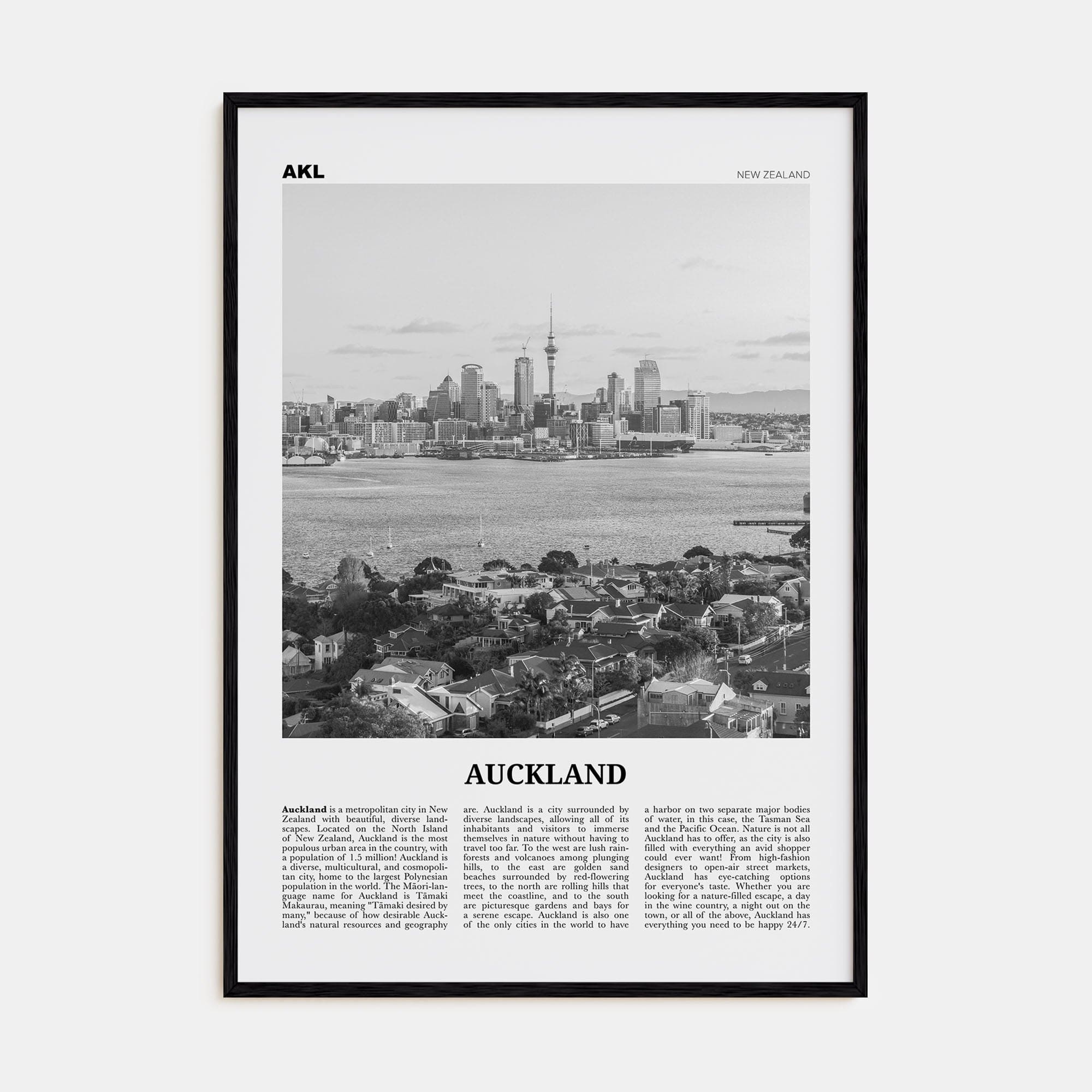 Auckland No 2 Poster Black Wood / 8x12 in Nbourhood Travel B&W Poster