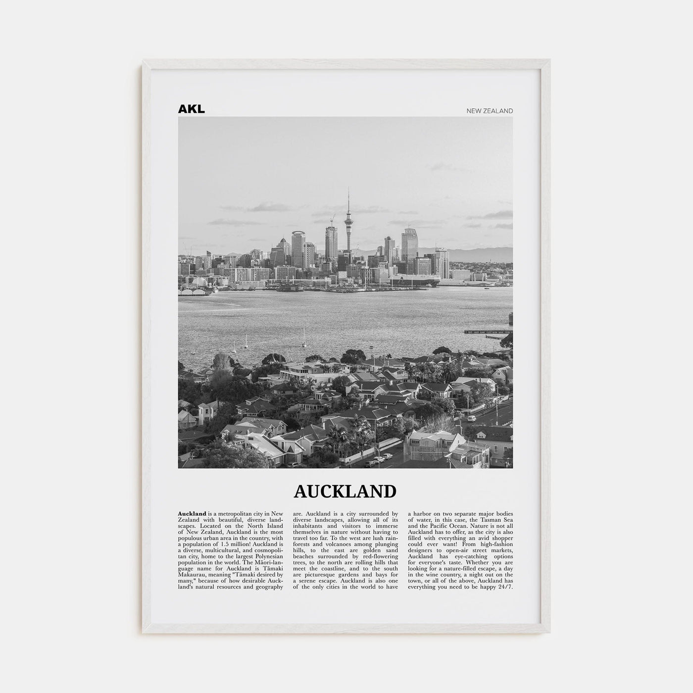 Auckland No 2 Poster White Wood / 8x12 in Nbourhood Travel B&W Poster