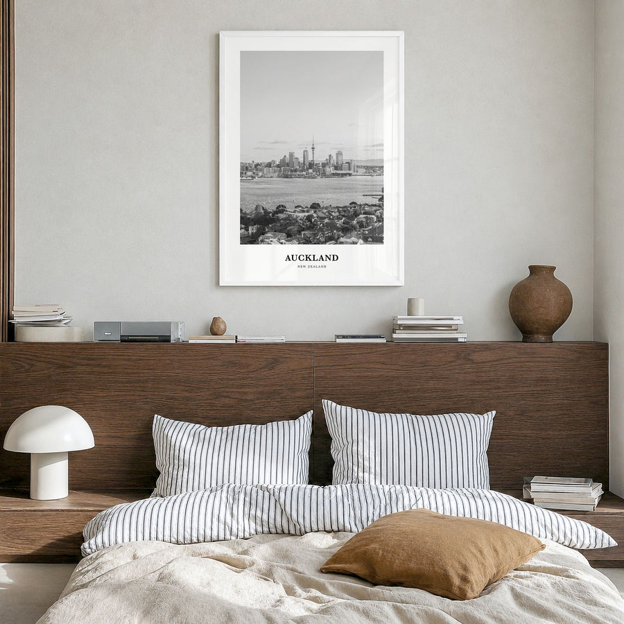 Auckland Classic No 3 Poster in a white wood frame, hanging in a bedroom