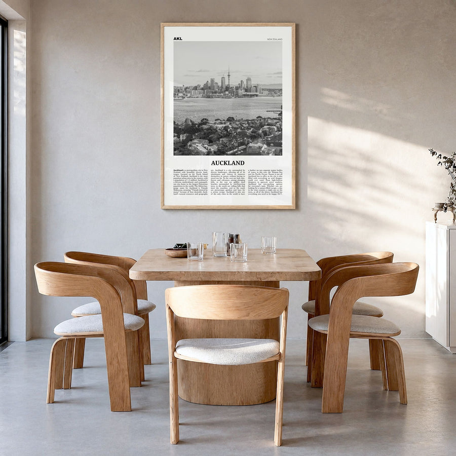 Auckland Newspaper No 2 Poster in a natural wood frame, hanging in a dining room