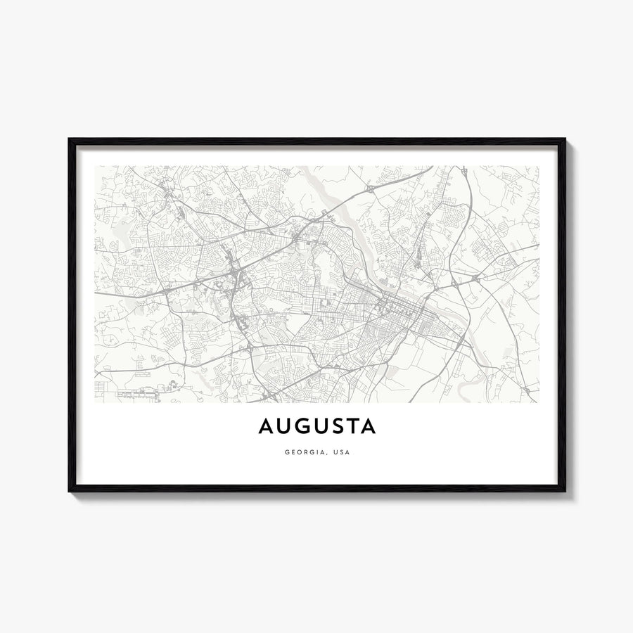 Augusta black & white map poster of Georgia, USA – horizontal wall art, unframed print shown in interior mockup