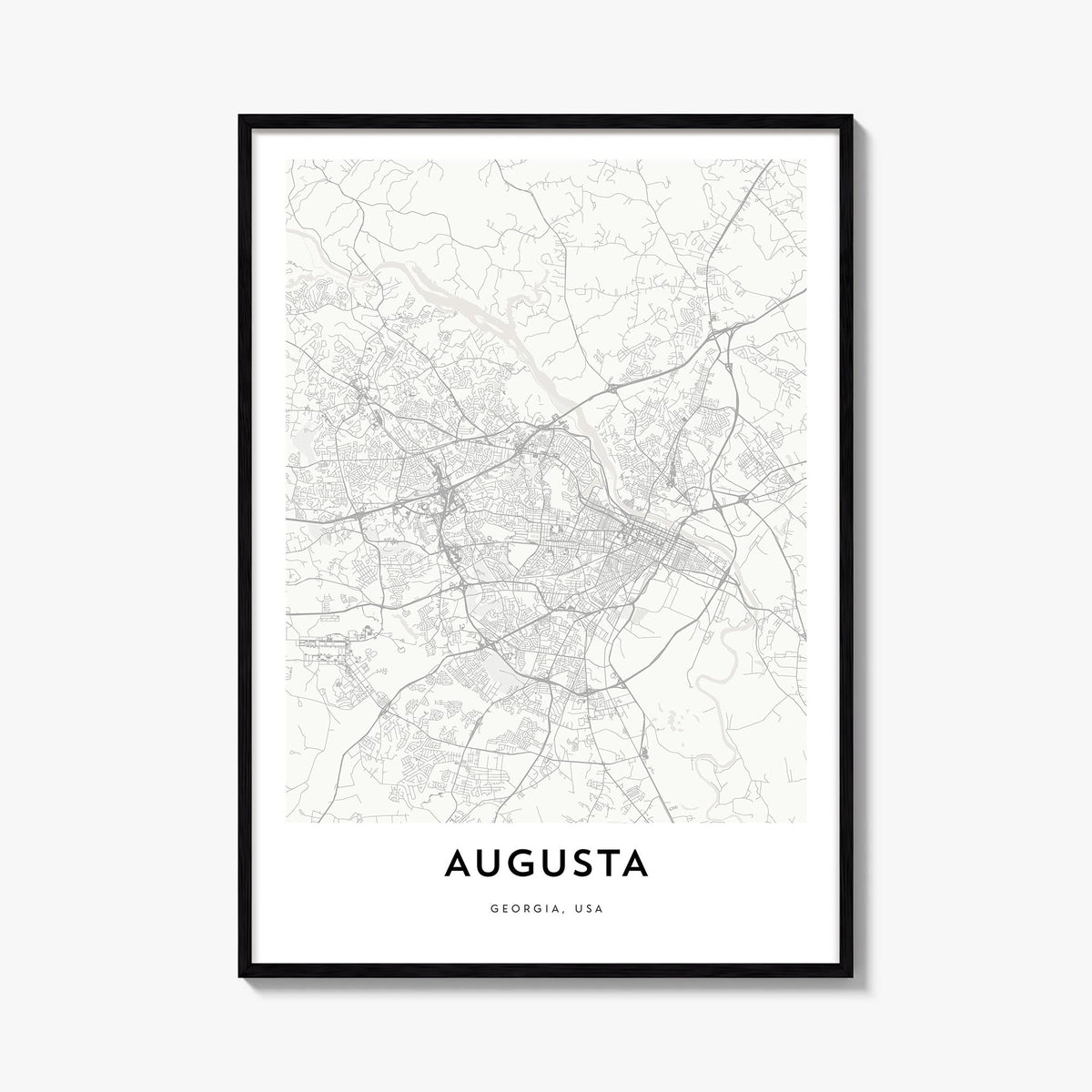 Augusta black & white map poster of Georgia, USA – vertical wall art, unframed print shown in interior mockup