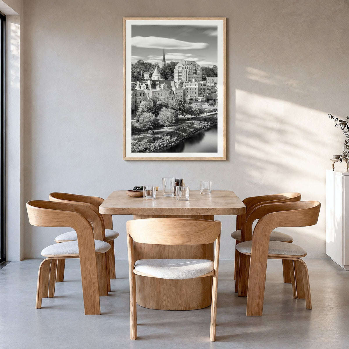 Augusta Photo Poster in a natural wood frame, hanging in a dining room, white border