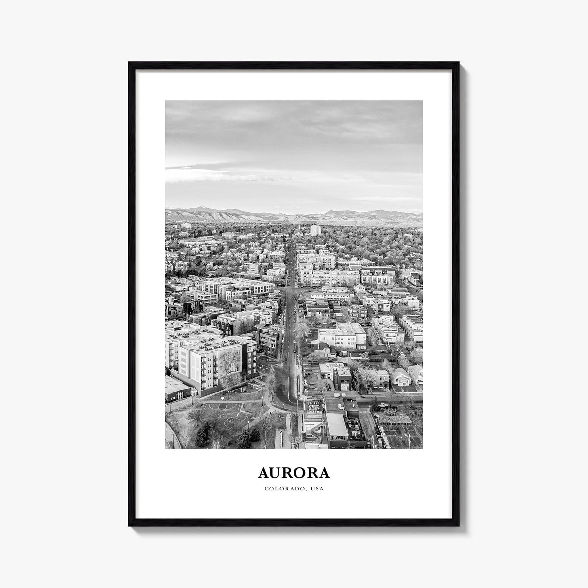 Aurora, Colorado black & white classic poster of Colorado, USA – vertical wall art, unframed print shown in interior mockup
