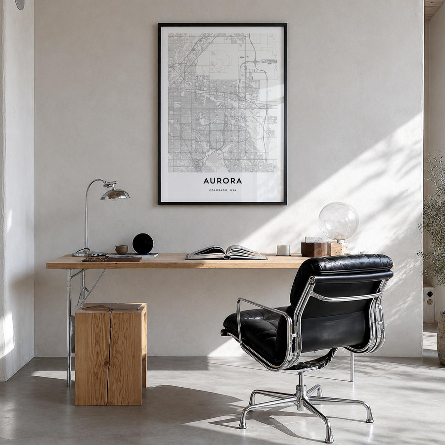 Aurora, Colorado black & white map poster of Colorado, USA – vertical wall art in black wood frame, hanging on wall