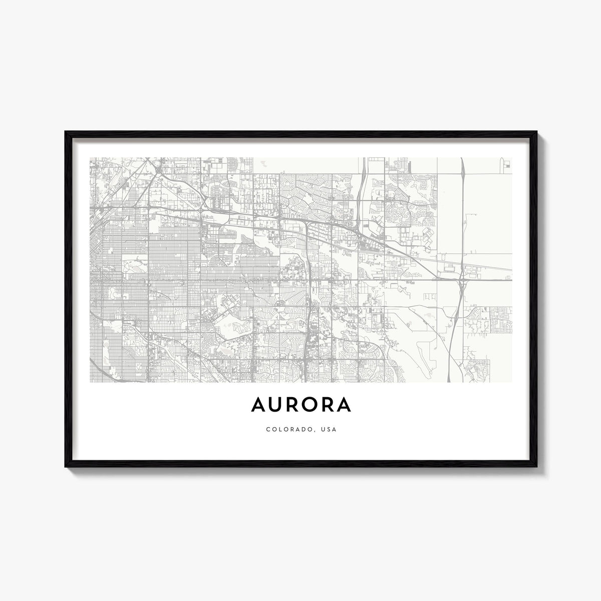 Aurora, Colorado black & white map poster of Colorado, USA – horizontal wall art, unframed print shown in interior mockup