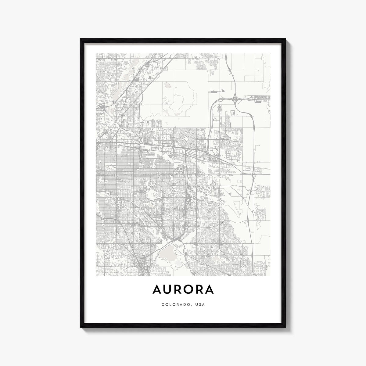 Aurora, Colorado black & white map poster of Colorado, USA – vertical wall art, unframed print shown in interior mockup