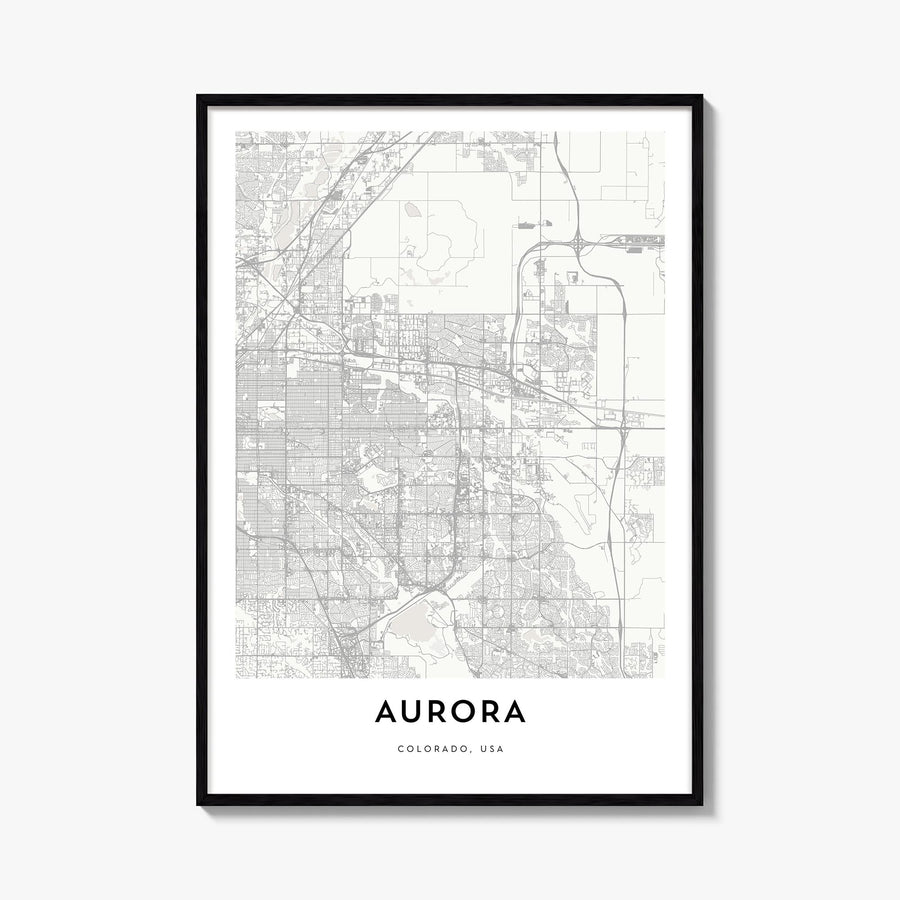 Aurora, Colorado black & white map poster of Colorado, USA – vertical wall art, unframed print shown in interior mockup