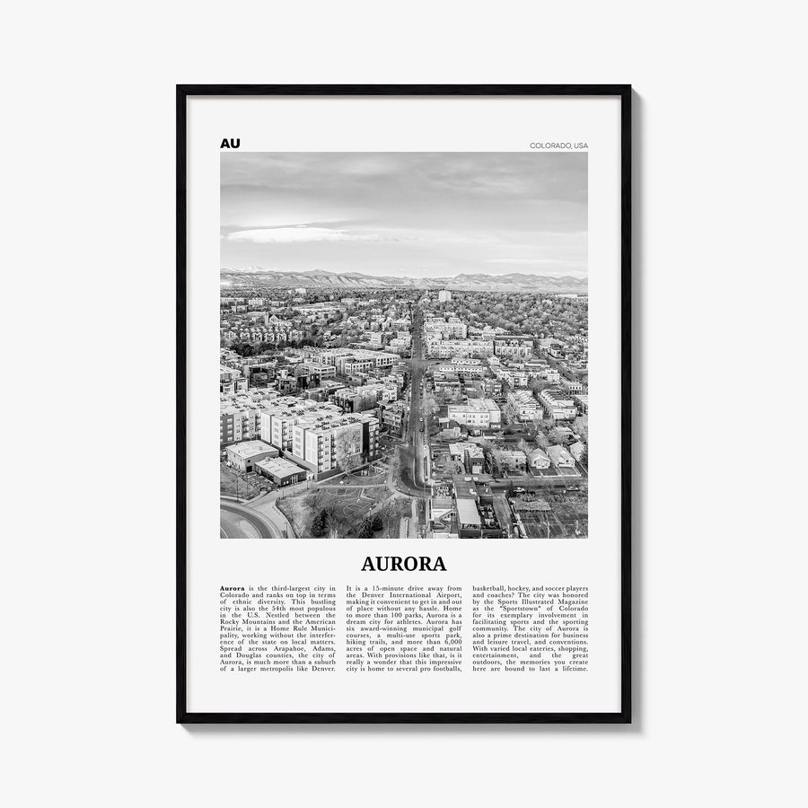 Aurora, Colorado black & white newspaper poster of Colorado, USA – vertical wall art, unframed print shown in interior mockup
