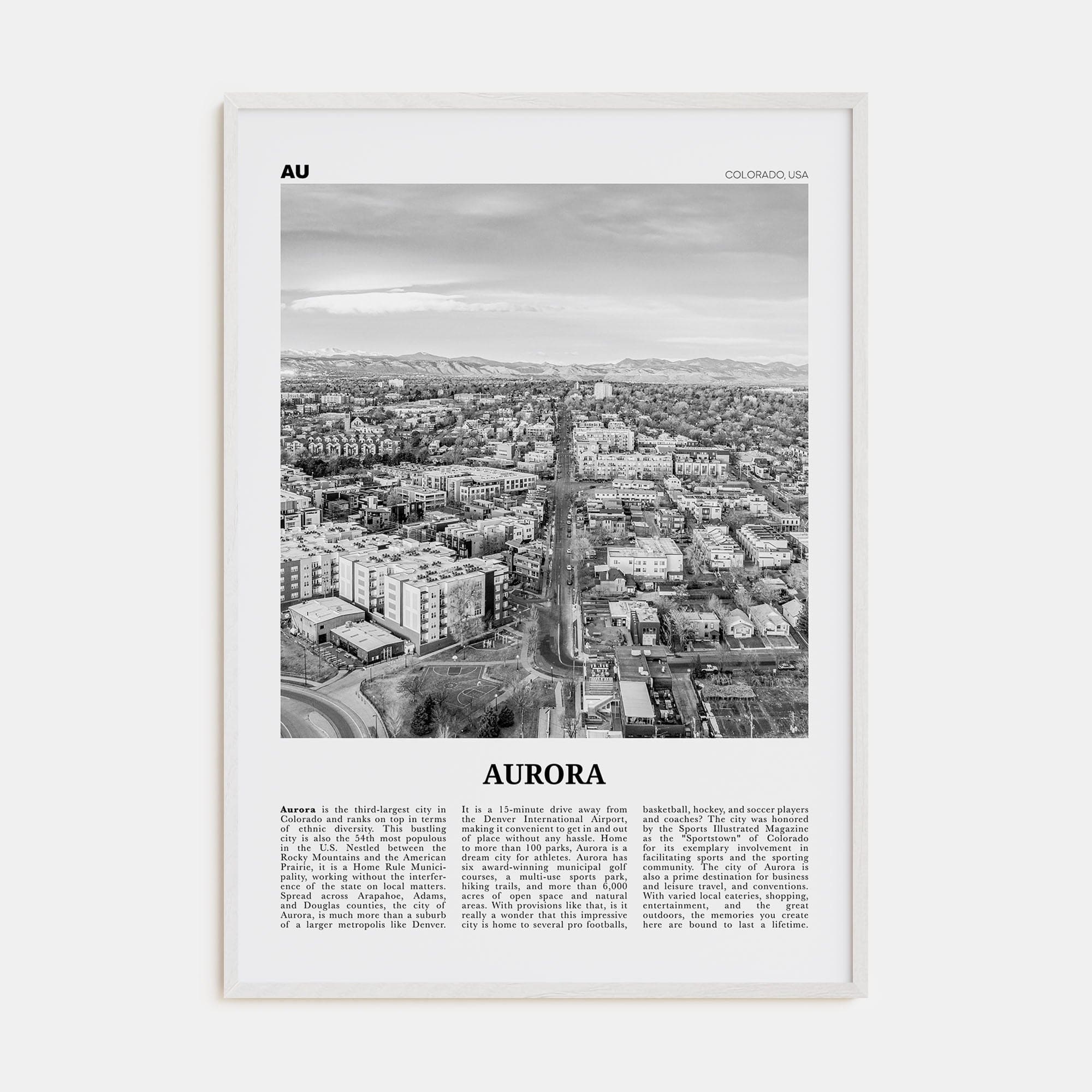 Aurora, Colorado Poster White Wood / 8x12 in Nbourhood Travel B&W Poster