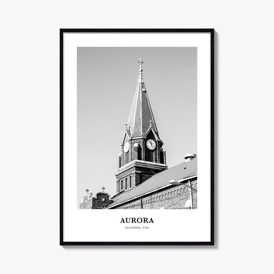 Aurora, Illinois black & white classic poster of Illinois, USA – vertical wall art, unframed print shown in interior mockup