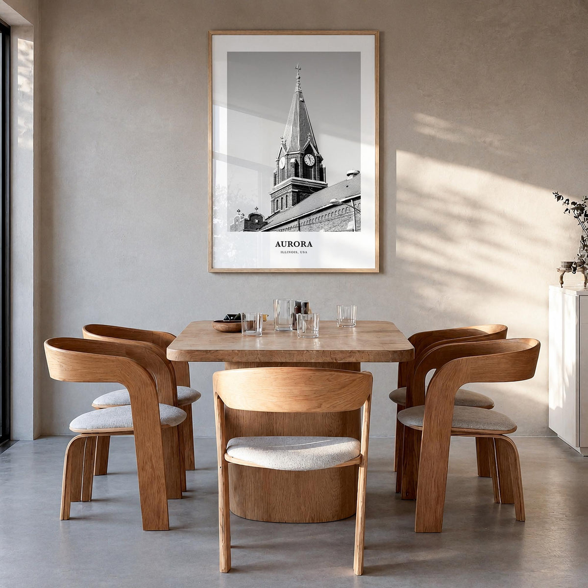 Aurora, Illinois black & white classic poster of Illinois, USA – vertical wall art in natural wood frame, hanging on wall